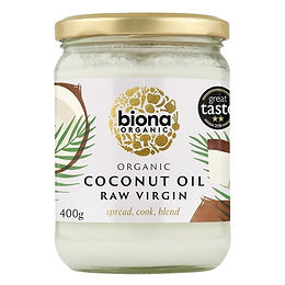 Biona Coconut oil in clear glass jar with gold lid