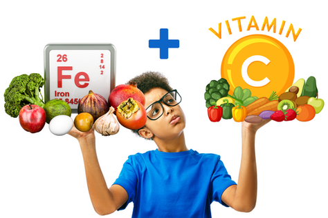 Boy in a blue top thinking about having iron and vitamin c rich foods together