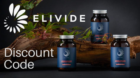 Three Elivide Camu Camu Vitamin C supplement jars with blue labels on a wooden log with leaves. "ELIVIDE" logo and "Discount Code" text on a dark background.