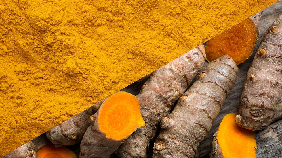 Turmeric powder and roots are shown. The powder is vibrant yellow, and the roots are sliced to reveal orange insides on a wooden surface.