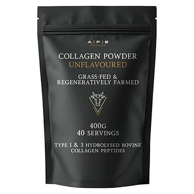 AIPE Nutrition Collagen Powder Unflavoured 400g black resealable pouch with gold and white text showing grass-fed and regeneratively farmed bovine collagen peptides on a white background