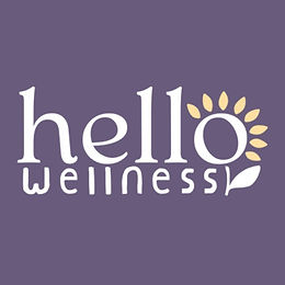 Hello Wellness logo with white hello wellness wordmark and yellow sunflower graphic on a purple background