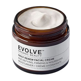 Evolve Organic Beauty Daily Renew Facial Cream open amber glass jar showing white cream texture with white label and product name on a white background