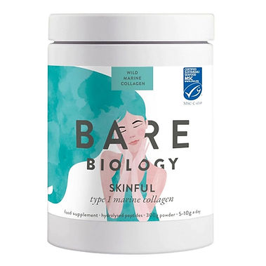 Bare Biology Skinful Pure Type 1 Marine Collagen 300g white tub with teal and illustrated packaging showing MSC certified sustainable seafood logo on a white background
