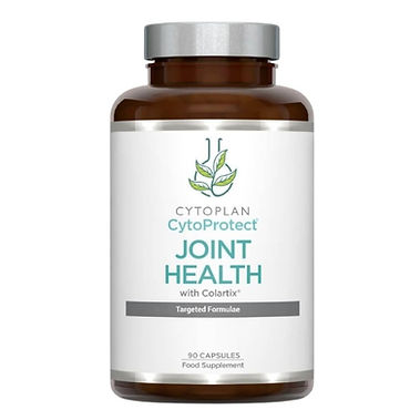 Cytoplan CytoProtect Joint Health with Colartix 90 capsules amber glass supplement bottle with silver lid and white label with teal text on a white background