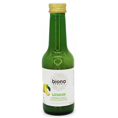 Biona Lemon juice in a green glass bottle with gold lid.