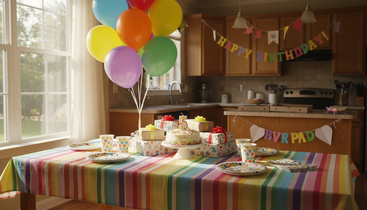 Wide-angle view of a colorful kids birthday party table with balloons, paper plates, wrapped gifts, and a small cake.