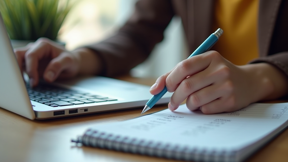 Close-up view of a student calculating expenses with a laptop and notebook