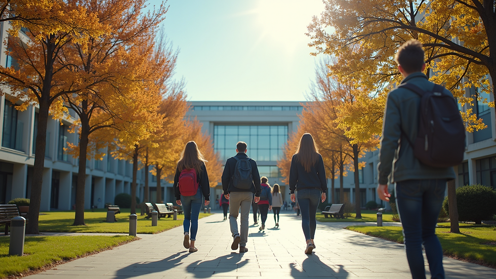 Eye-level view of a modern university campus with students walking