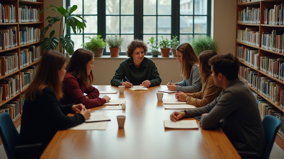 High angle view of a group of students discussing around a table in a library