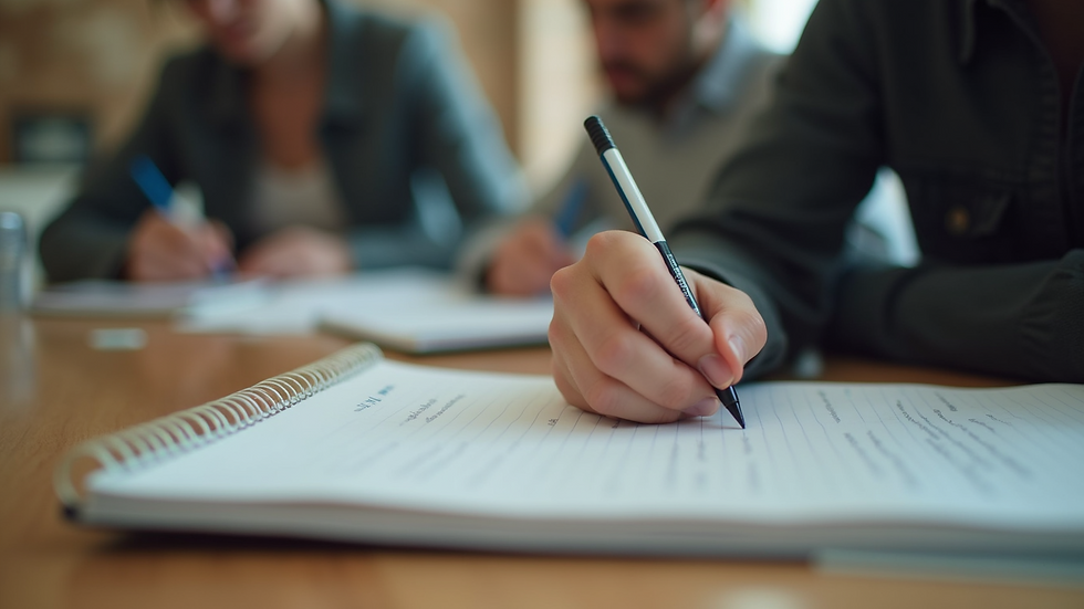 Close-up view of a student writing notes in a journal during a study session