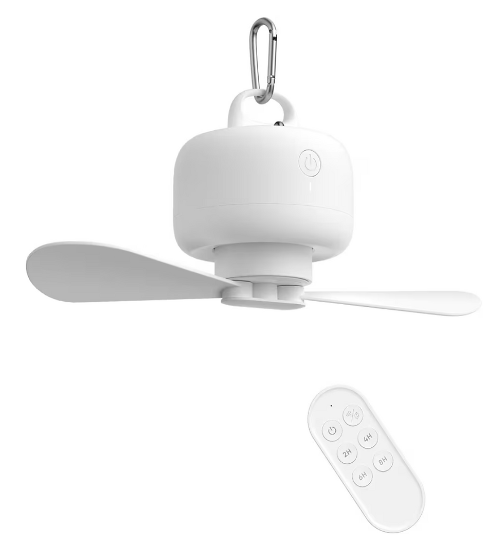 White clip-on mini fan with carabiner and remote showing 2H, 4H, 6H, 8H buttons on a white background.