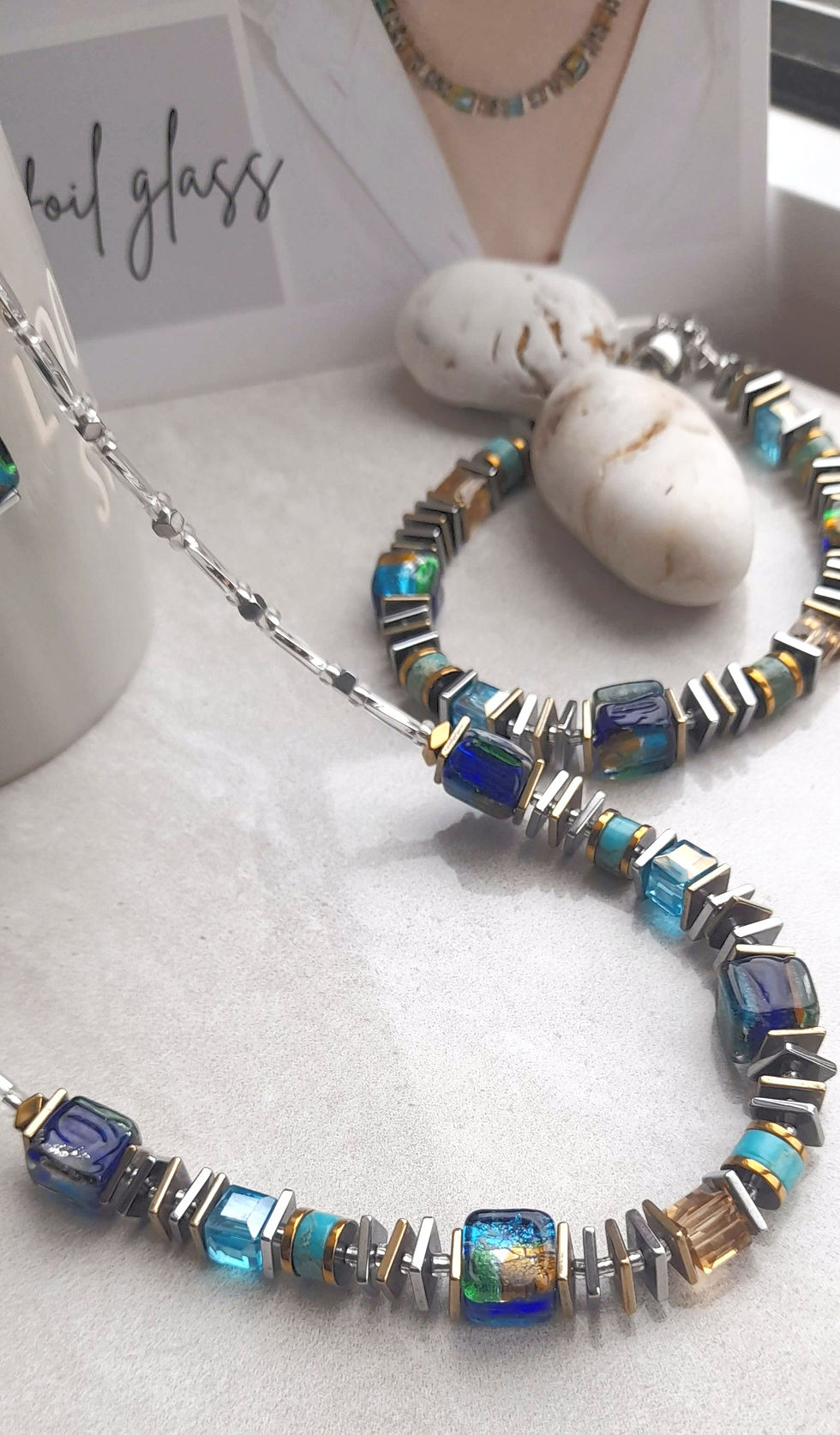 Thumbnail: Blue Lampwork Foil, Jasper and Hematite Necklace