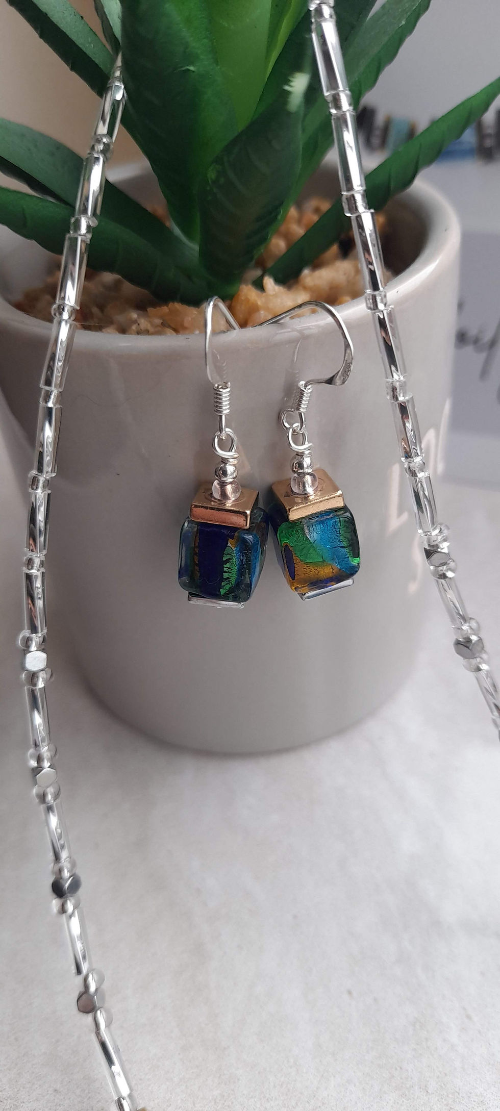 Thumbnail: Blue Lampwork Foil, Jasper and Hematite Necklace