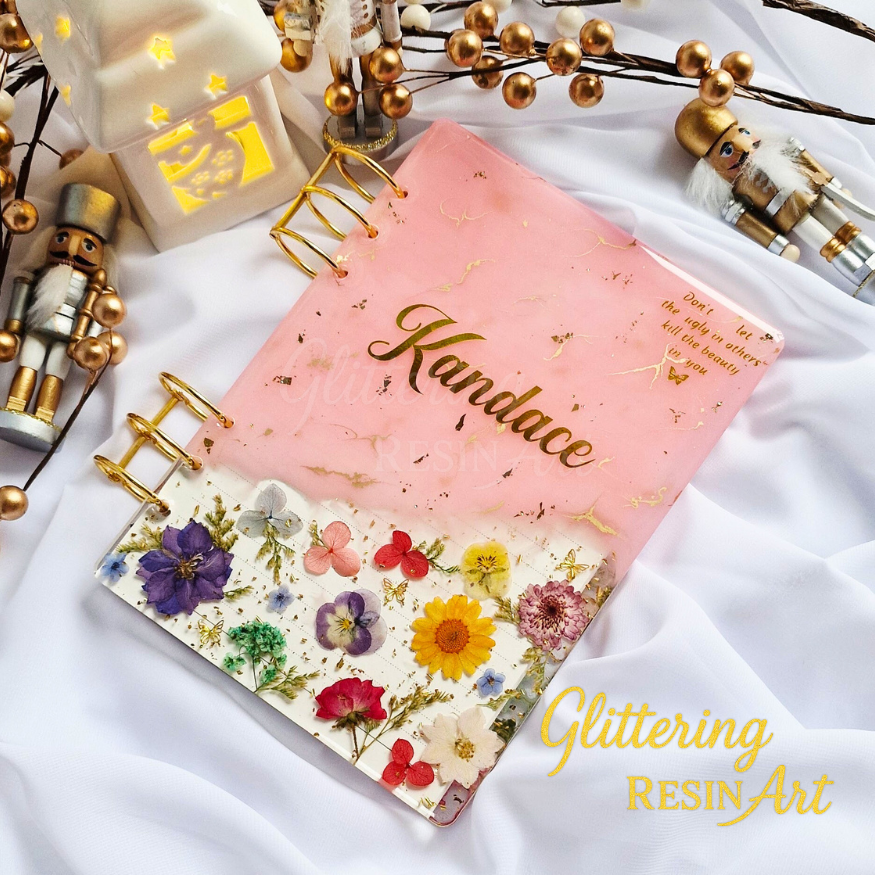Thumbnail: Blush Pink personalised resin A5 refillable notebook with real pressed flowers, handmade floral stationery.