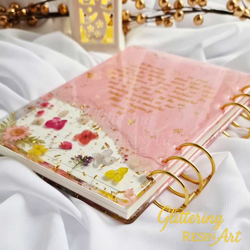 Thumbnail: Blush Pink refillable A5 resin notebook and diary with real pressed flowers, handmade floral stationery
