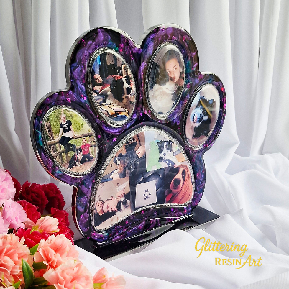 Personalized resin paw print photo frame with a collage of pet photos