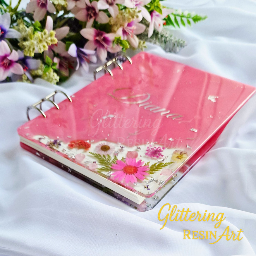 Thumbnail: Rose Pink personalised resin journal with real pressed flowers, handmade A5 floral resin journal.
