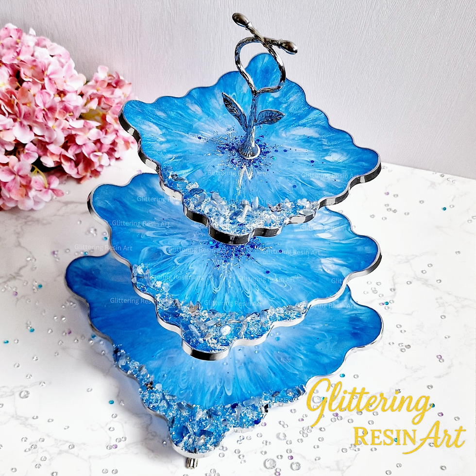 Personalized resin cupcake stand. Custom made with crystals, three tier, white and blue.