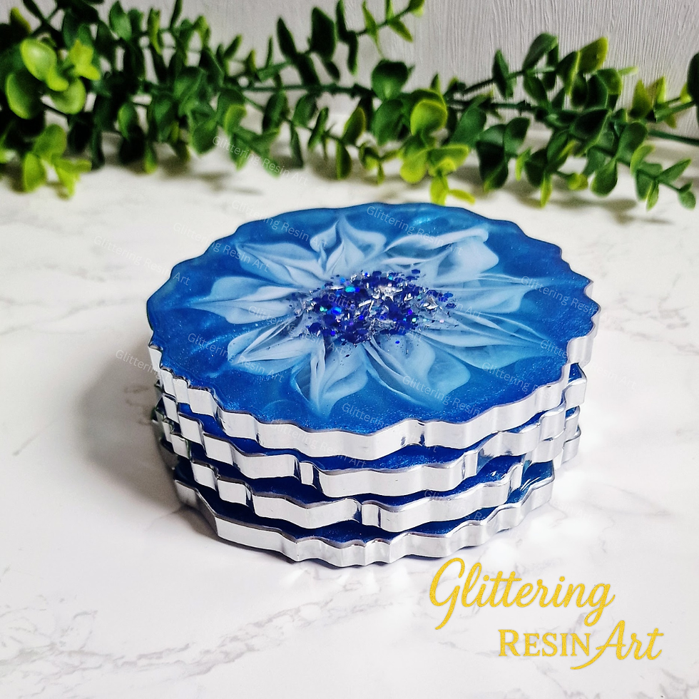 Thumbnail: Set of handmade blue and pink blush resin coasters with a 3D flower design.
