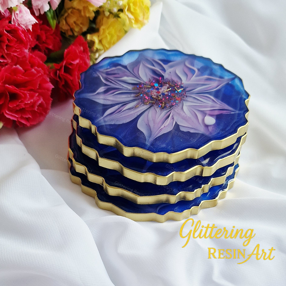 Thumbnail: Set of handmade blue and pink blush resin coasters with a 3D flower design.