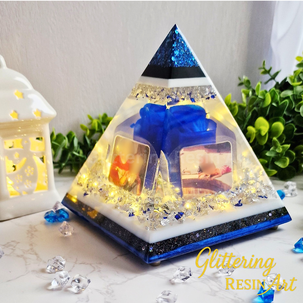 Thumbnail: Custom memorial resin pyramid with flower and photos, handcrafted as a remembrance keepsake.