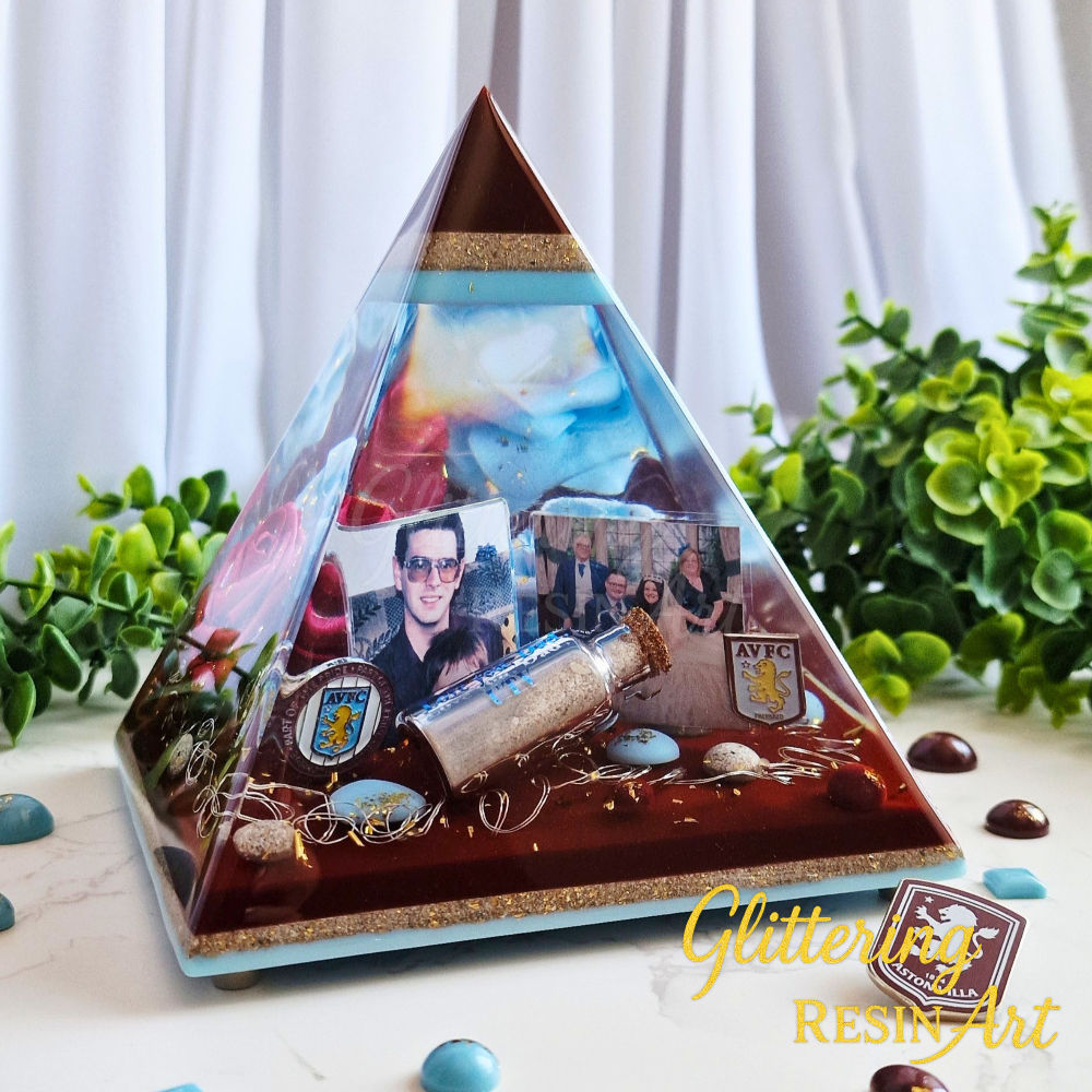 Custom resin memorial pyramid with cremation ashes, dried flowers, and personal photos