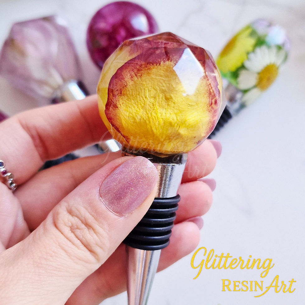 Preserved wedding flowers in a handmade resin bottle stopper keepsake