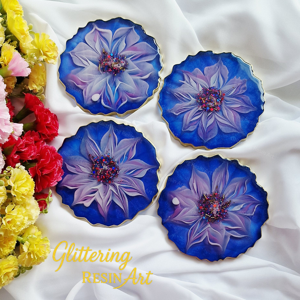 Thumbnail: Set of handmade blue and pink blush resin coasters with a 3D flower design.