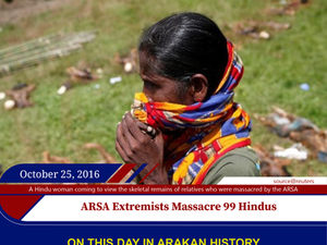 A Hindu woman coming to view the skeletal remains of relatives who were massacred by the ARSA