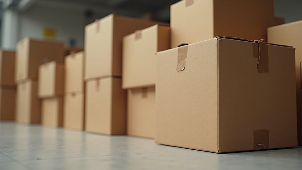 Eye-level view of stacked corrugated boxes ready for shipment