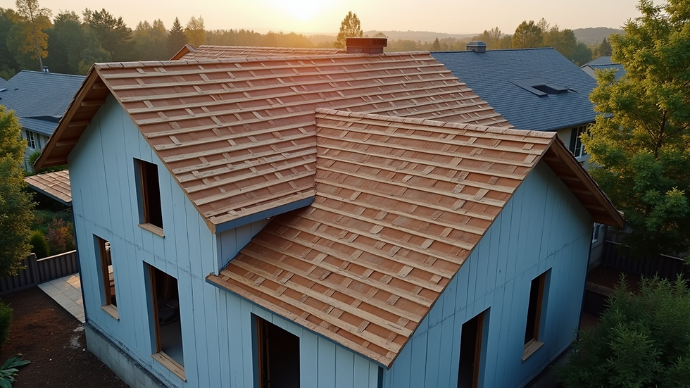High angle view of a residential roofing project under construction
