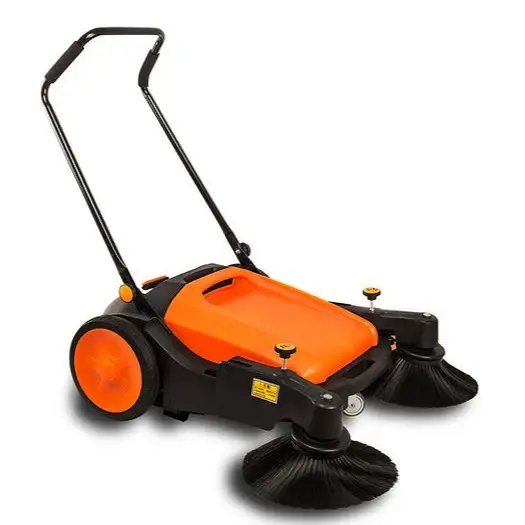 Sanitmax 38-inch manual push-powered floor sweeper with triple brushes and 12-gallon dustbin for indoor and outdoor cleaning
