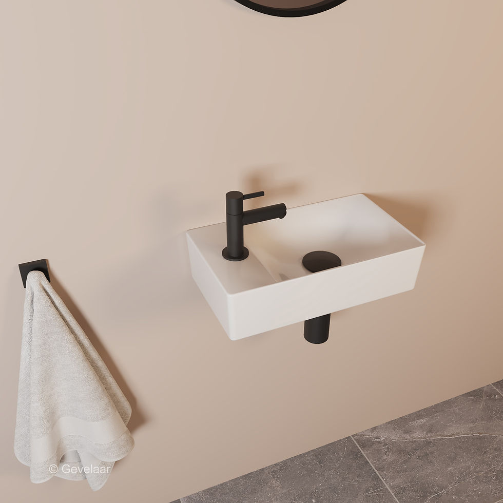 Thumbnail: Tanaro Hommage E toiletfontein wastafel wit - fonteinkraan recht mat zwart links