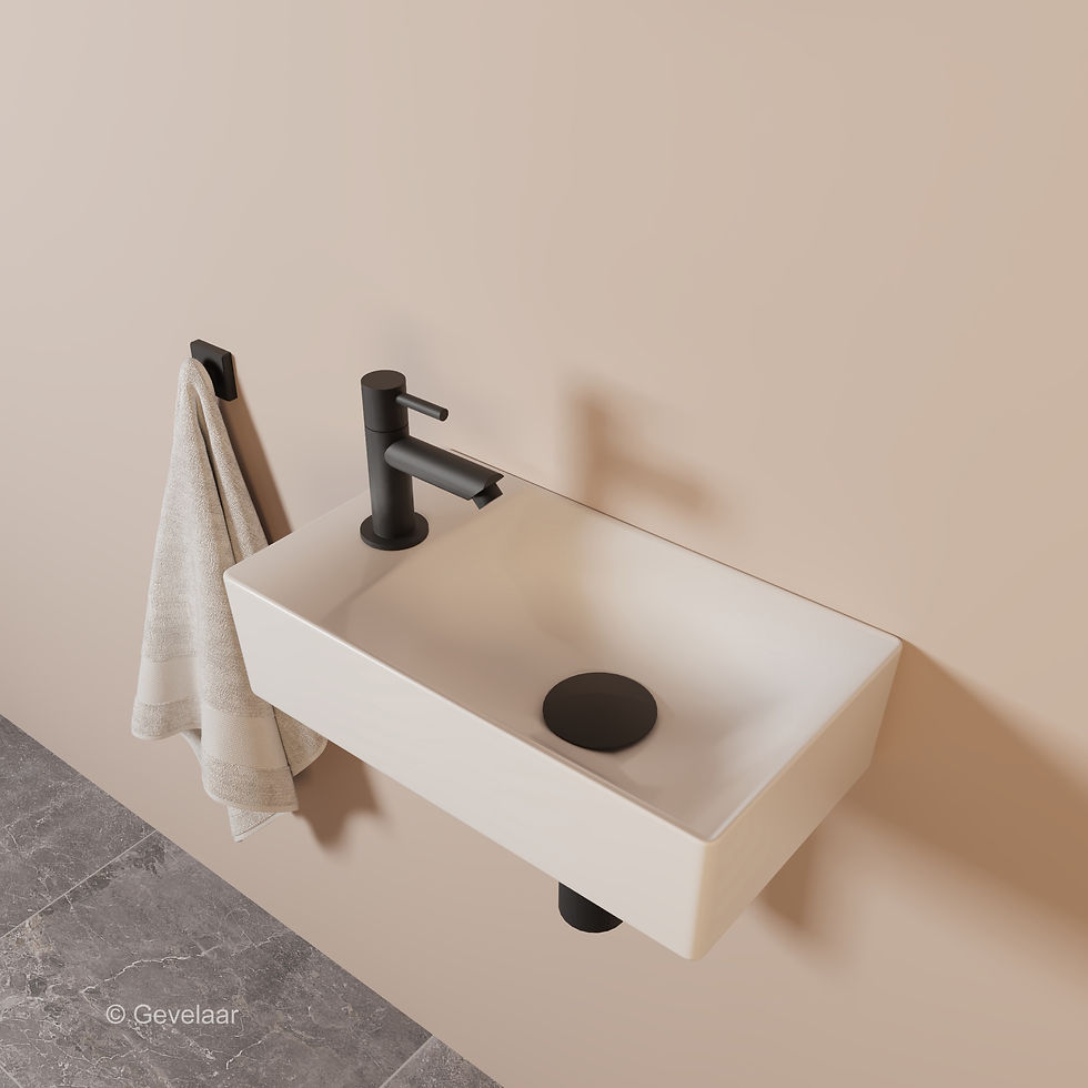 Thumbnail: Tanaro Hommage E toiletfontein wastafel wit - fonteinkraan recht mat zwart links