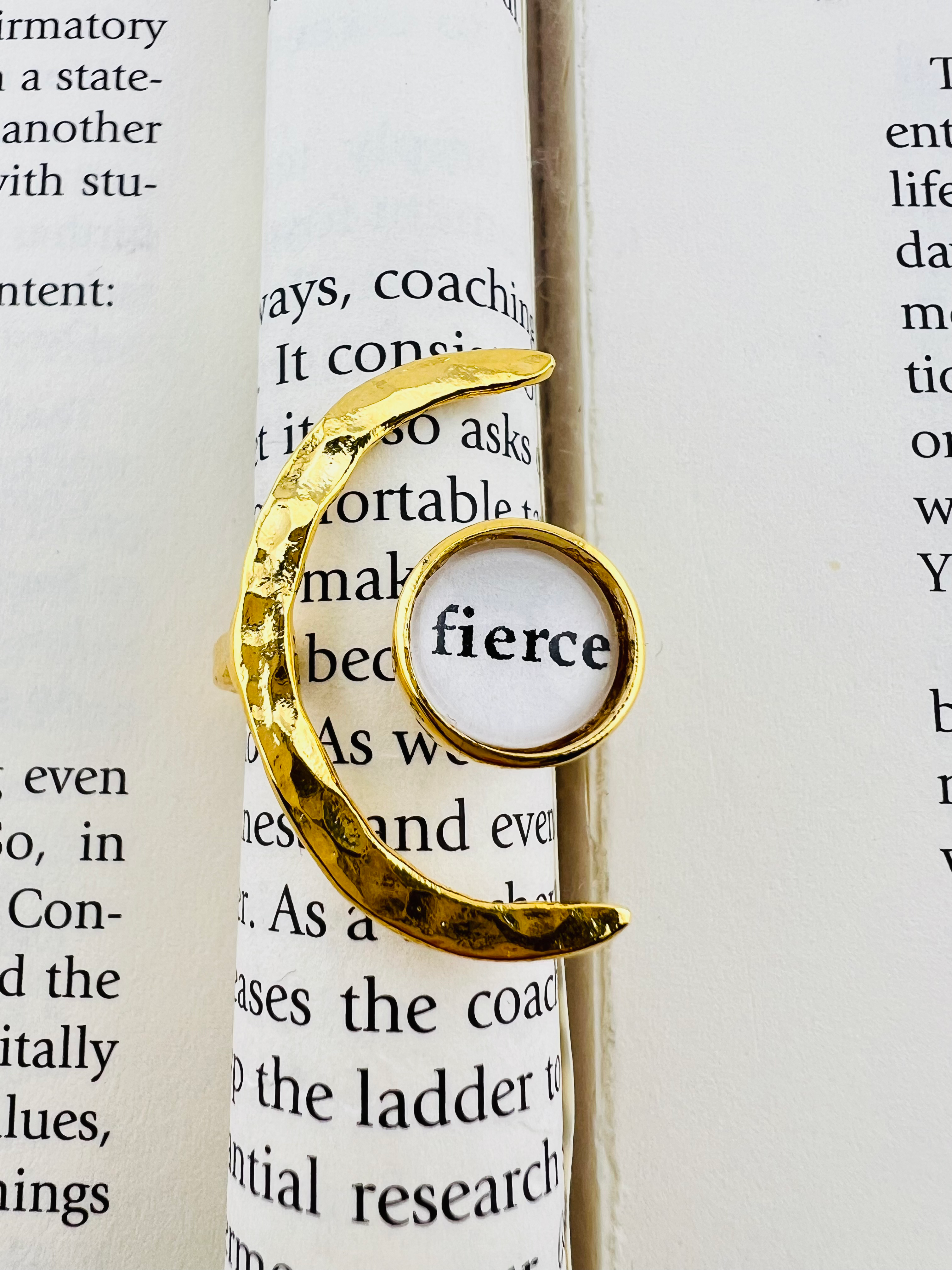 Crescent “fierce” Book Page Ring