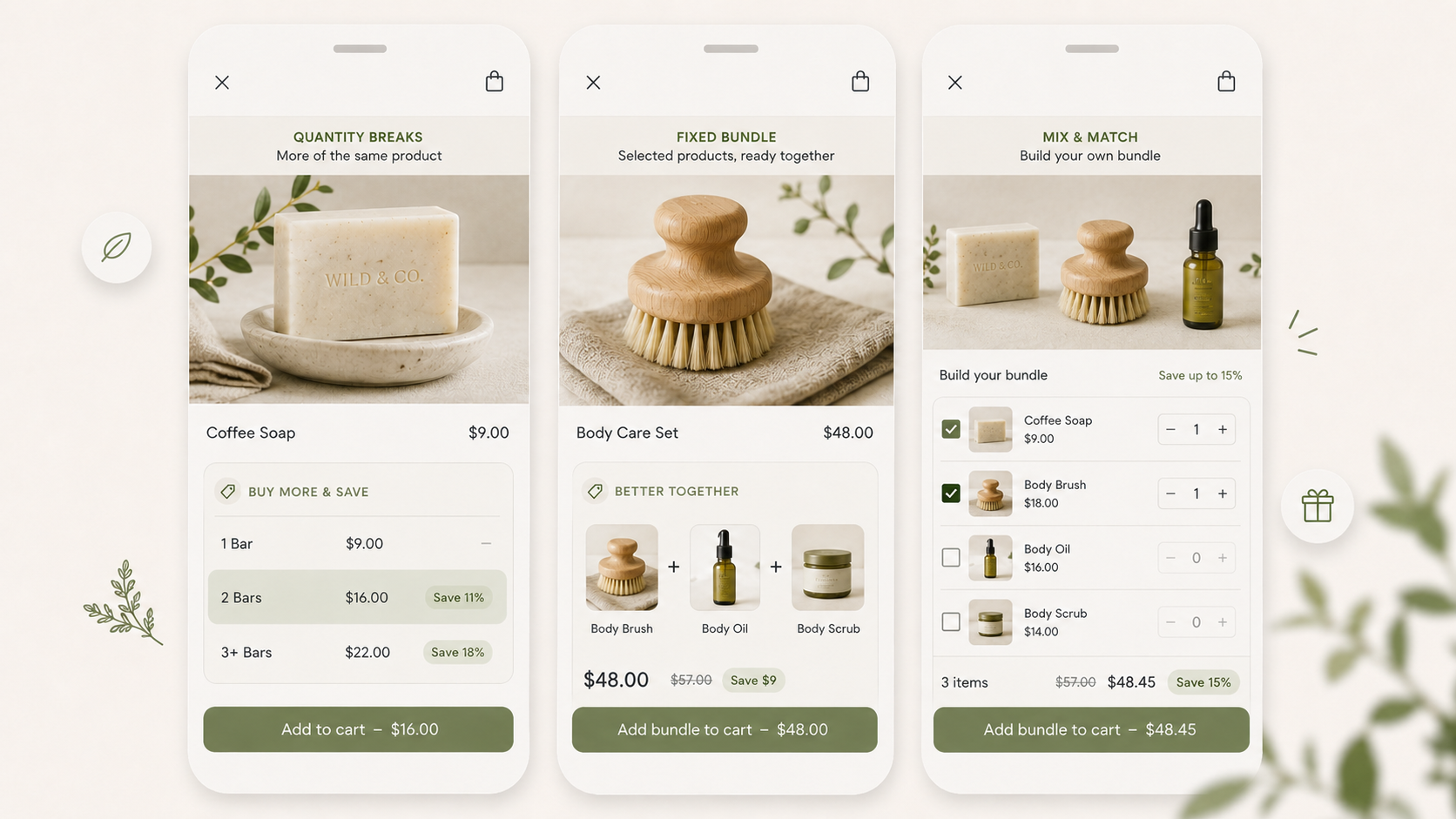 Mobile Wix product page examples showing bundle, quantity break and mix and match widgets.