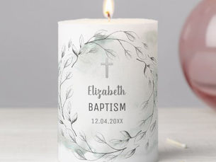 Big Deals! Neutral Baptism Leaves &Twigs Pillar Candle