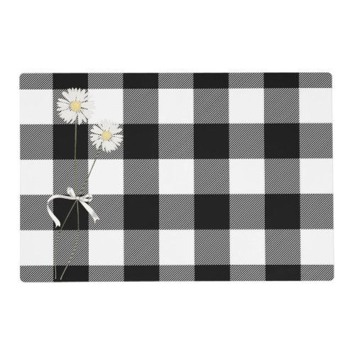 Top 5! Daisies on Black and White Buffalo Plaid Placemat