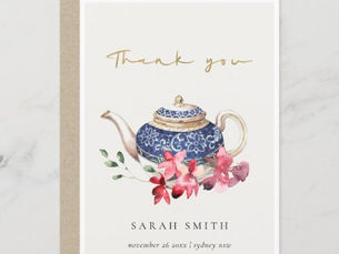 Top 10! Red Blue watercolor Teapot Floral Tea Party Thank You Card