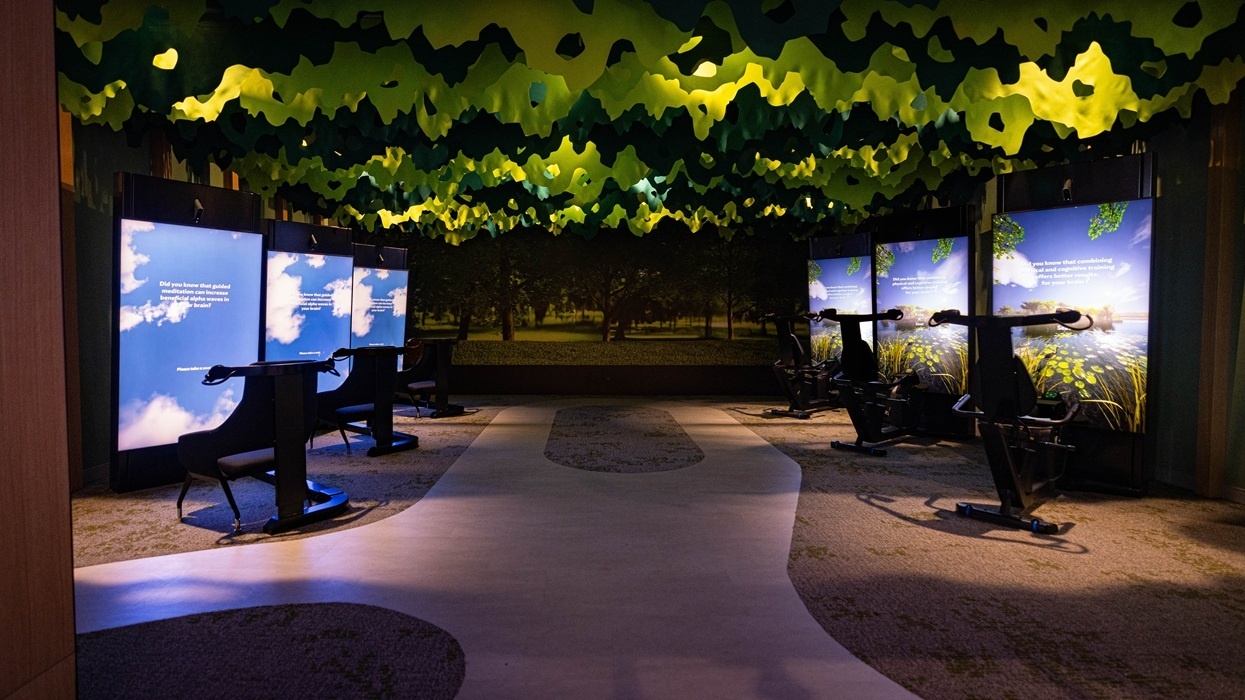 Salle interactive du futur Brain Tech Center avec écrans, assises et plafond végétal lumineux.