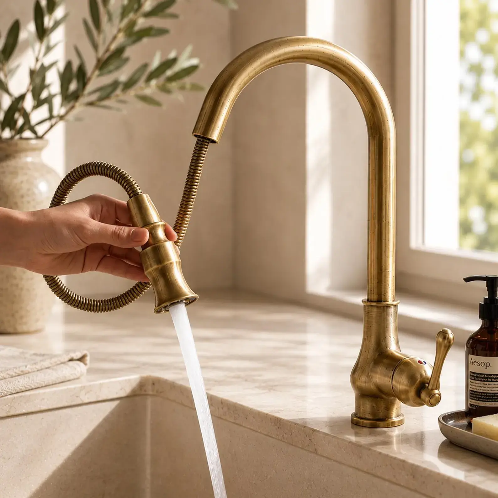 Antique Brass Kitchen Faucet With Pull Down Spray Head