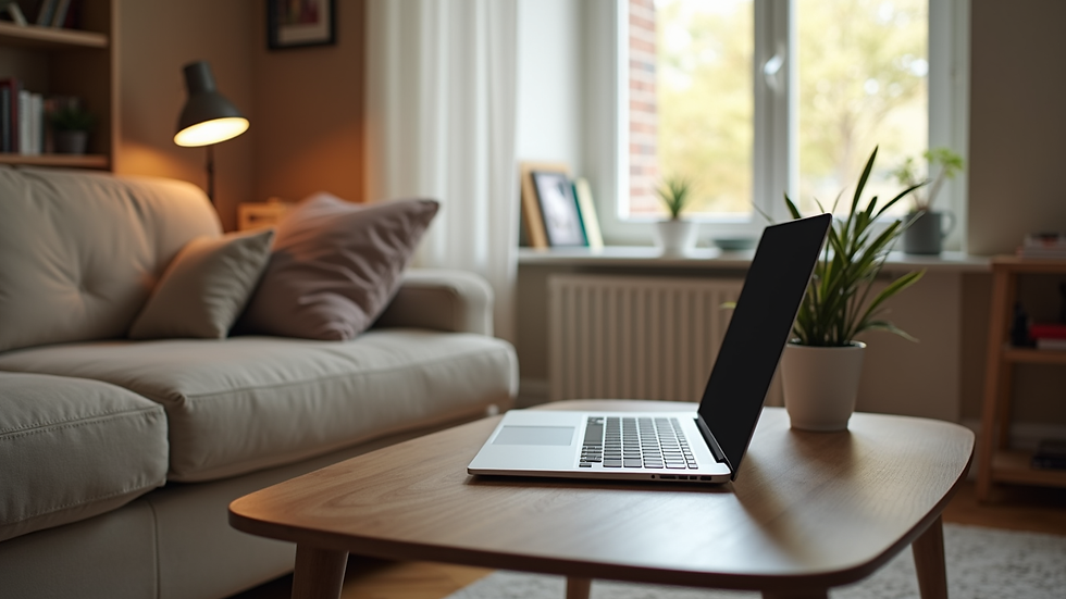 Eye-level view of a cozy living room with a laptop on a coffee table