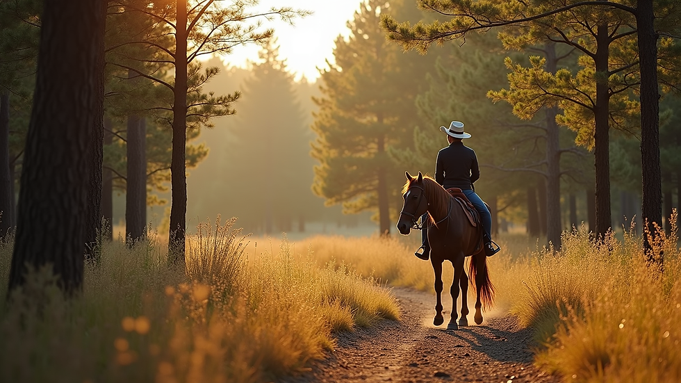 Wide angle view of a horse and rider on a wooded trail at 120 Ranch