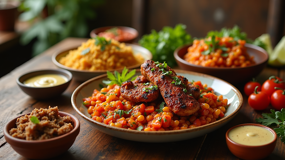 High angle view of a colorful spread of jerk seasoning dishes on a wooden table