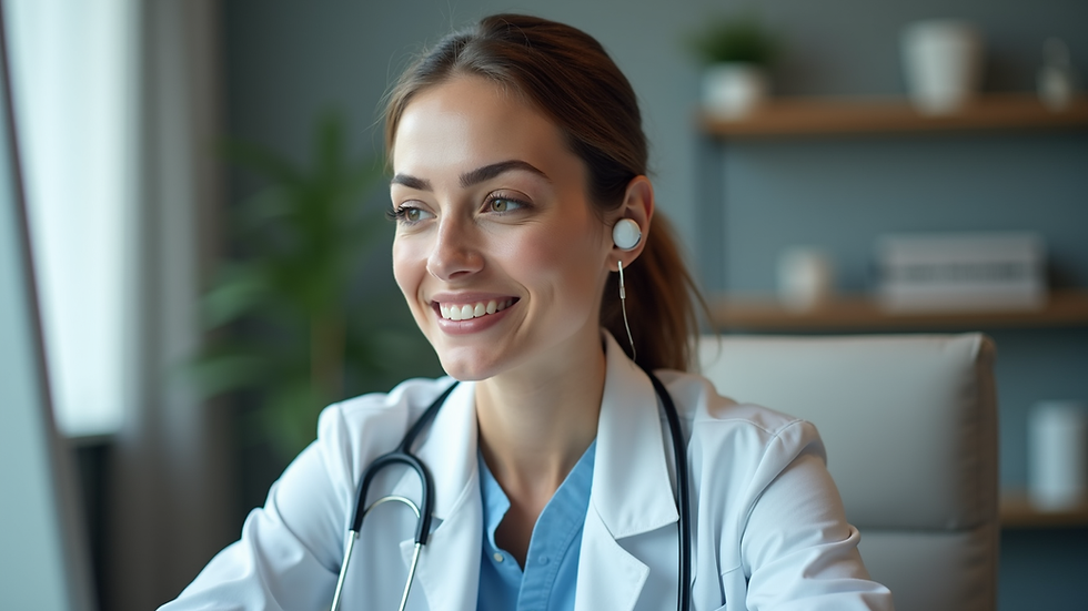 Plano medio de una mujer usando auriculares y computadora para consulta médica virtual