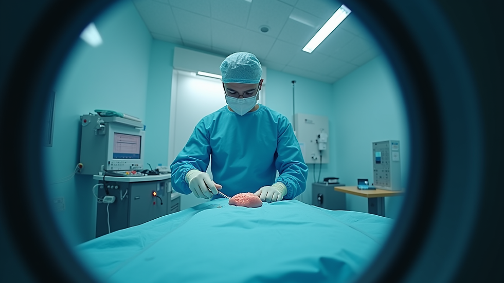 Vista a nivel de ojo de equipo médico realizando ultrasonido para biopsia de tiroides