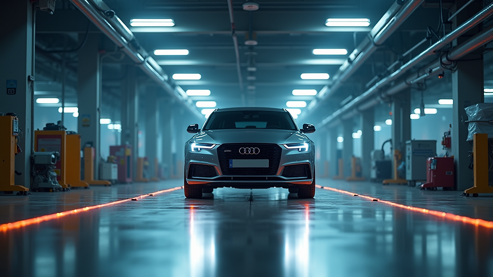 Eye-level view of a vehicle undergoing ADAS calibration in a garage