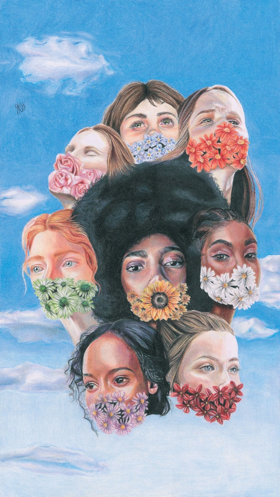 A  surreal drawing of eight women with different flowers covering their mouthes, emerging from the clouds against a bright blue sky.