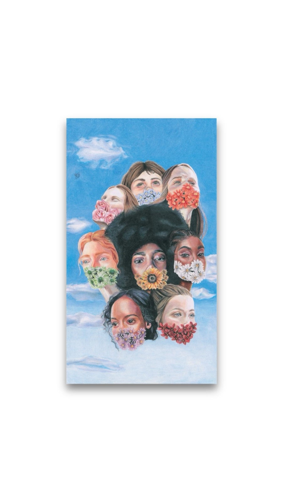 A  surreal drawing of eight women with different flowers covering their mouthes, emerging from the clouds against a bright blue sky.